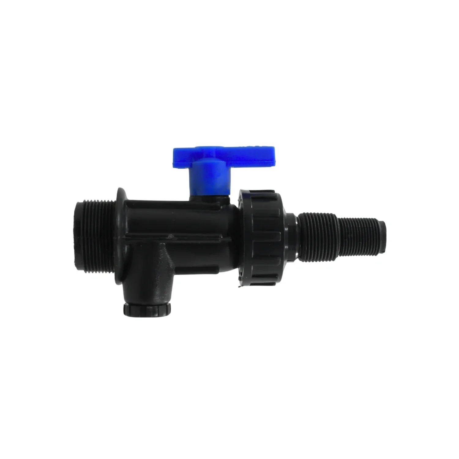 Multi conector plástico negro para tinaco, válvula de paso azul, conexión roscada y espiga.