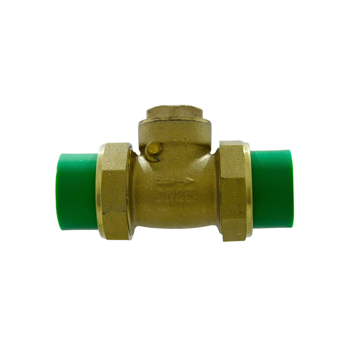 Válvula check de bronce con terminales PPR verdes DN25 para termofusión en instalaciones de agua