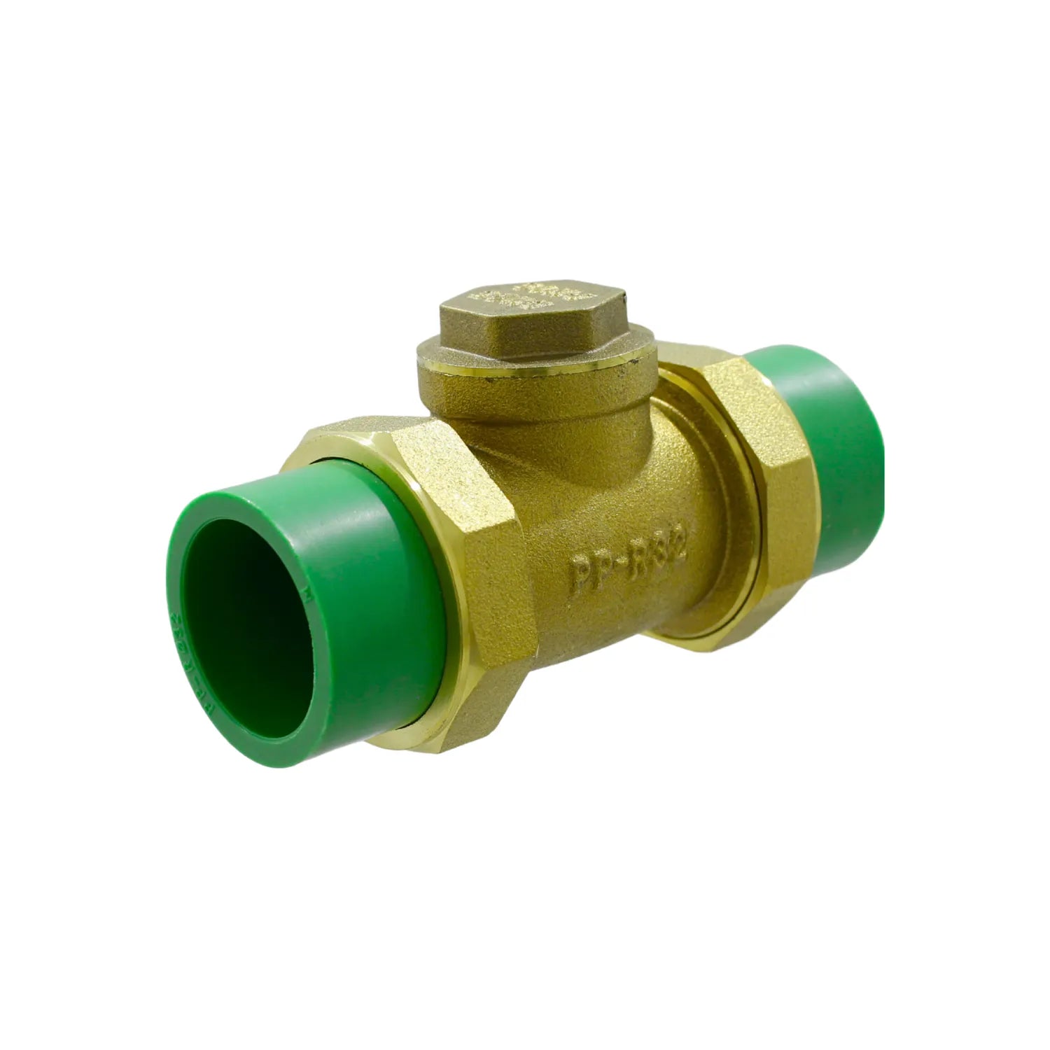Válvula de retención PPR 32mm con cuerpo de latón y extremos verdes para sistemas de tubería por termofusión.