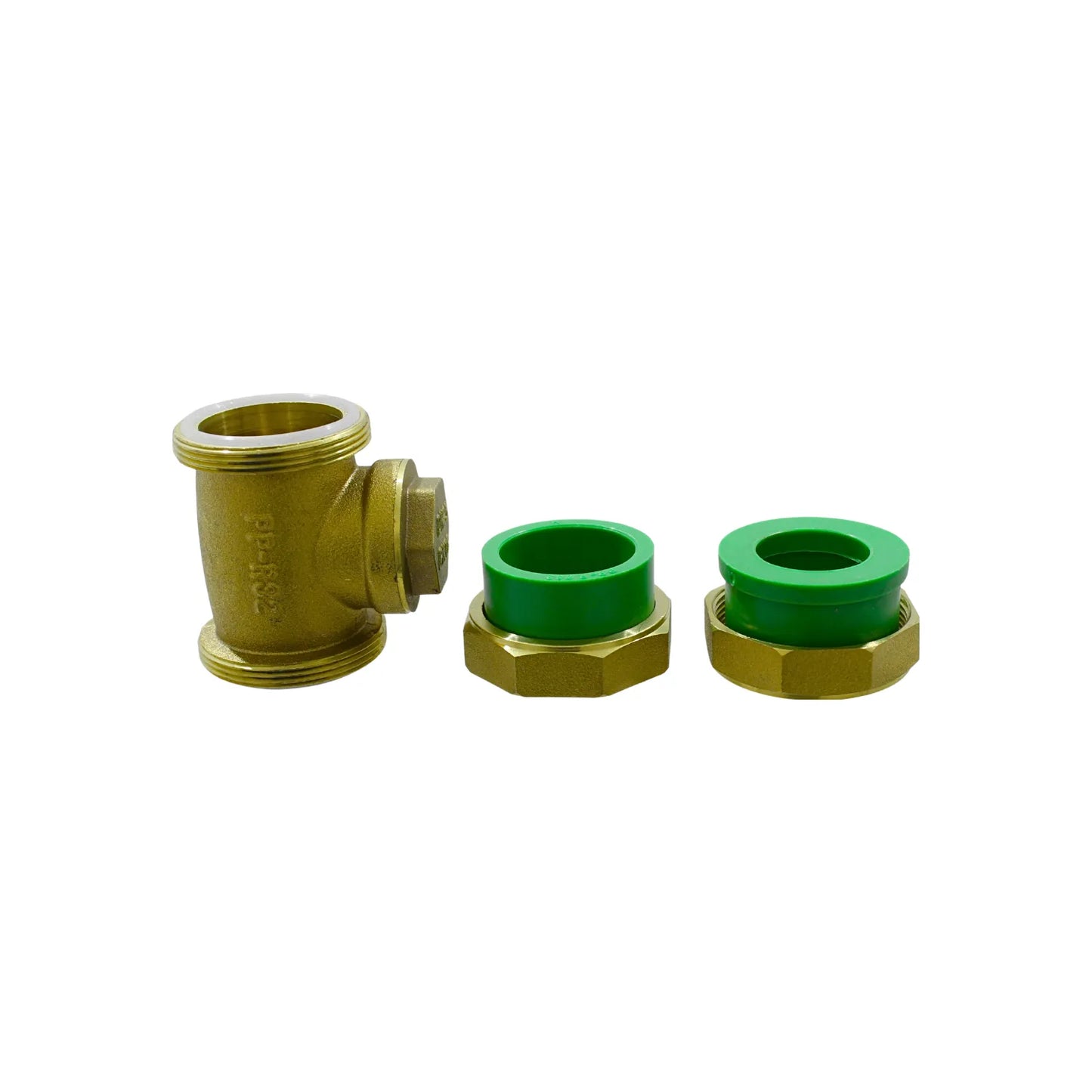 Unión doble PPR de 32mm con cuerpo de latón en T y tuercas verdes para instalaciones hidráulicas de fontanería