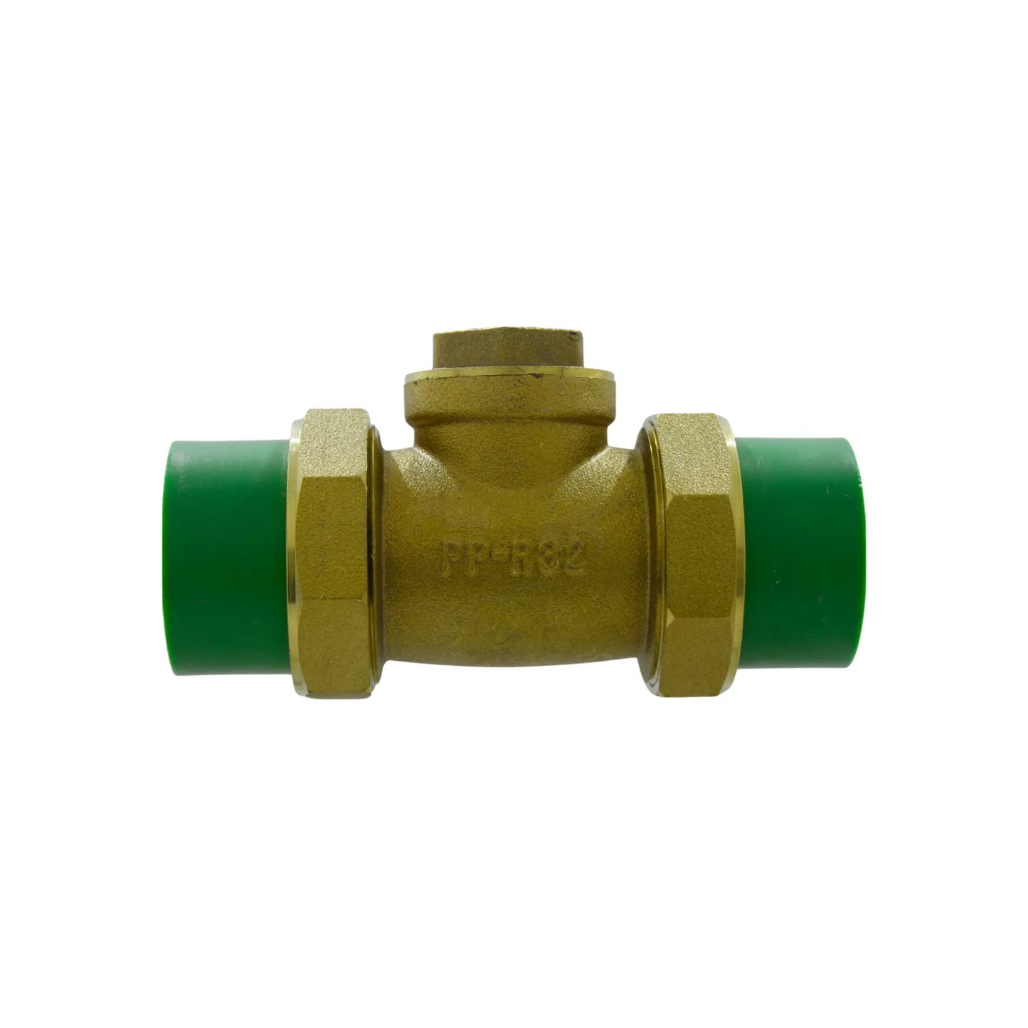 Válvula de retención de latón con terminales PPR verde de 32mm para instalaciones de fontanería profesional.