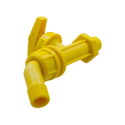 Grifo de plástico amarillo para jardín con salida roscada y manija de palanca para riego o manguera.