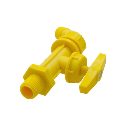 Llave de paso plástica amarilla con rosca macho para control de flujo en bidones o tanques de agua