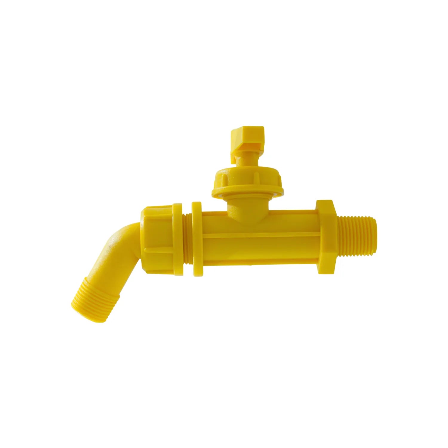 Grifo de plástico amarillo con rosca macho y boquilla curva para depósitos de agua o jardín