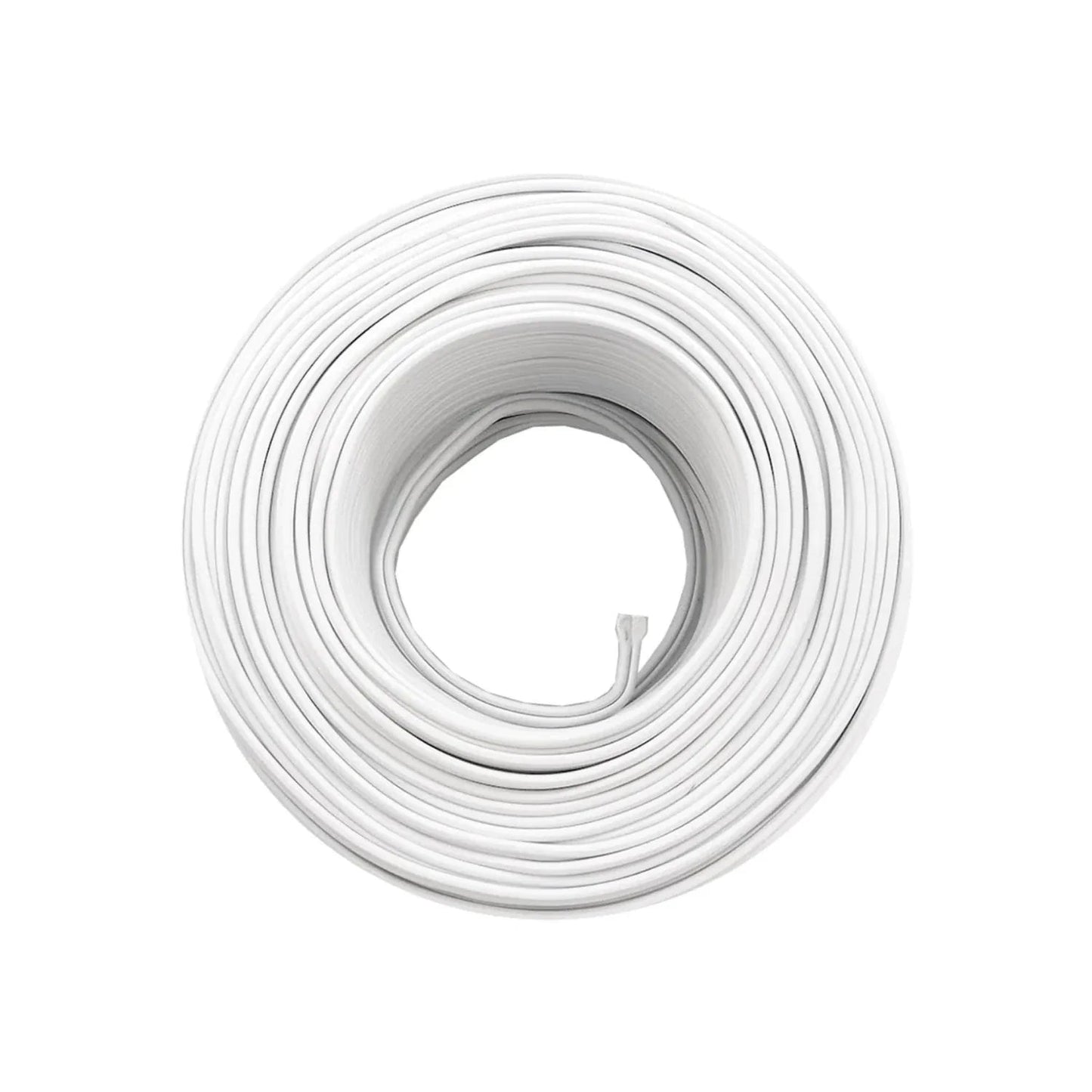 Bobina de cable eléctrico blanco, ideal para instalaciones y reparaciones en ferretería.