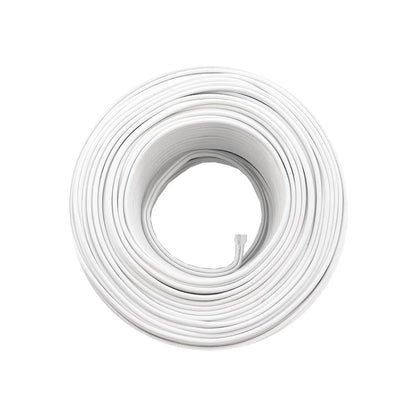 Bobina de cable eléctrico blanco, ideal para instalaciones y reparaciones en ferretería.