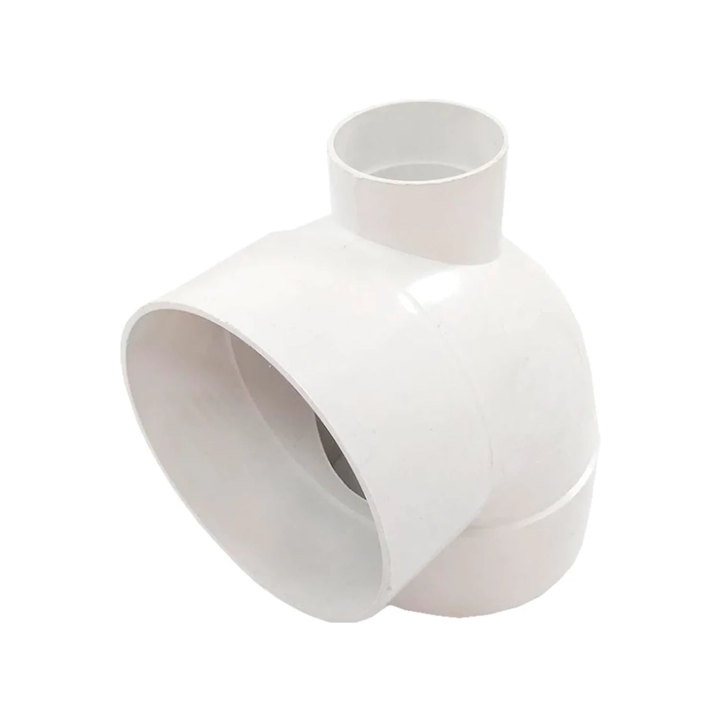 Codo PVC sanitario blanco de 90 grados con salida trasera 4x2 pulgadas, ideal para sistemas de desagüe.