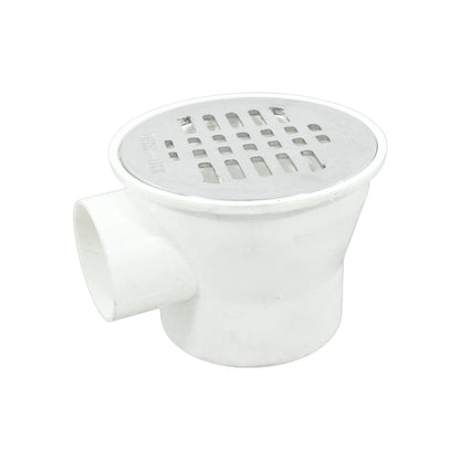 Coladera de piso ABS blanca con céspol y rejilla metálica, salida lateral de 1 pulgada para desagüe