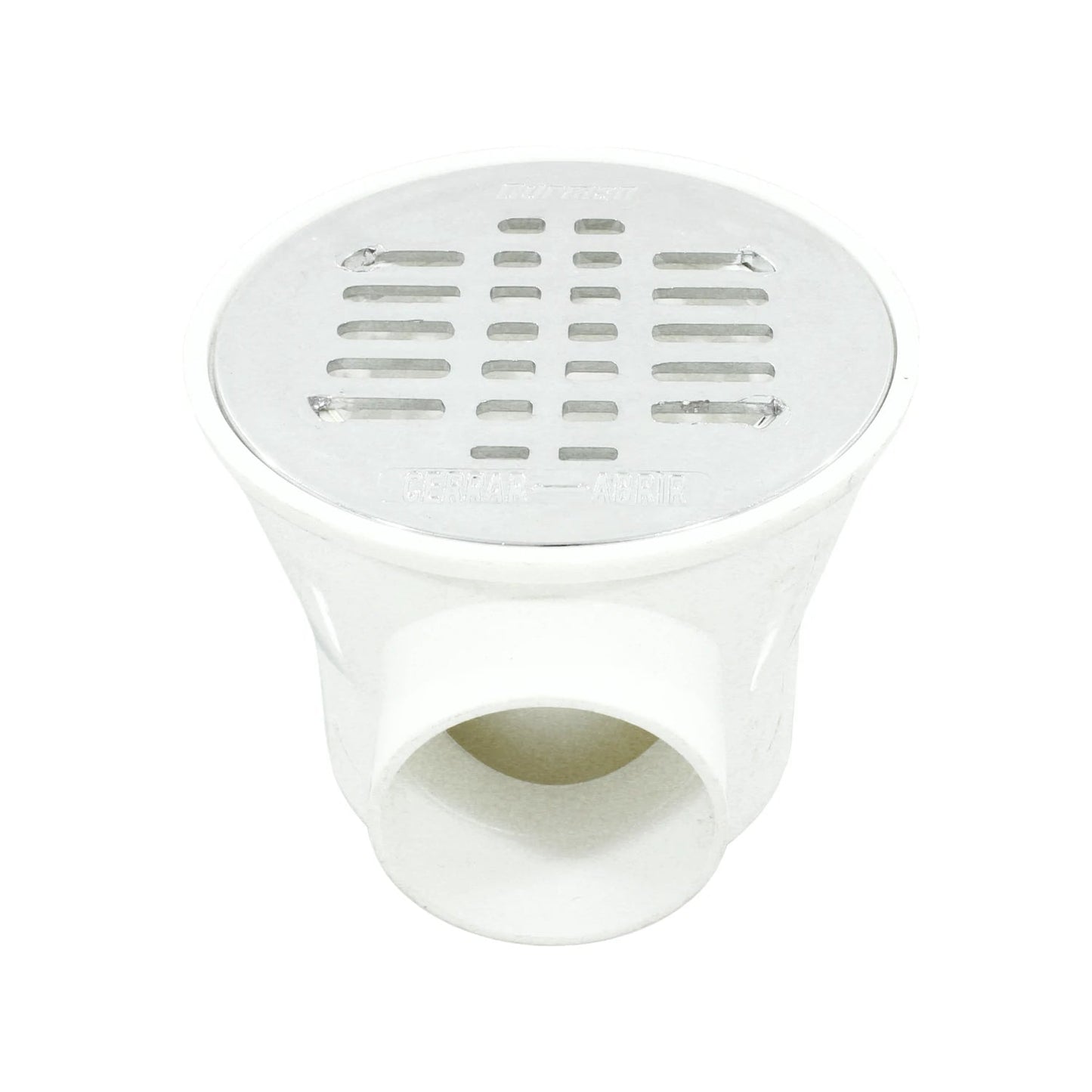 Coladera de piso tipo cespol ABS blanca con rejilla metálica Plasmet y salida lateral