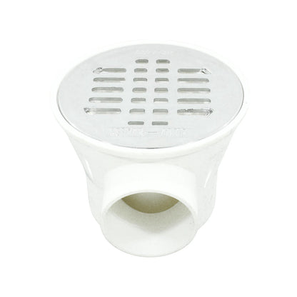 Coladera de piso tipo cespol ABS blanca con rejilla metálica Plasmet y salida lateral