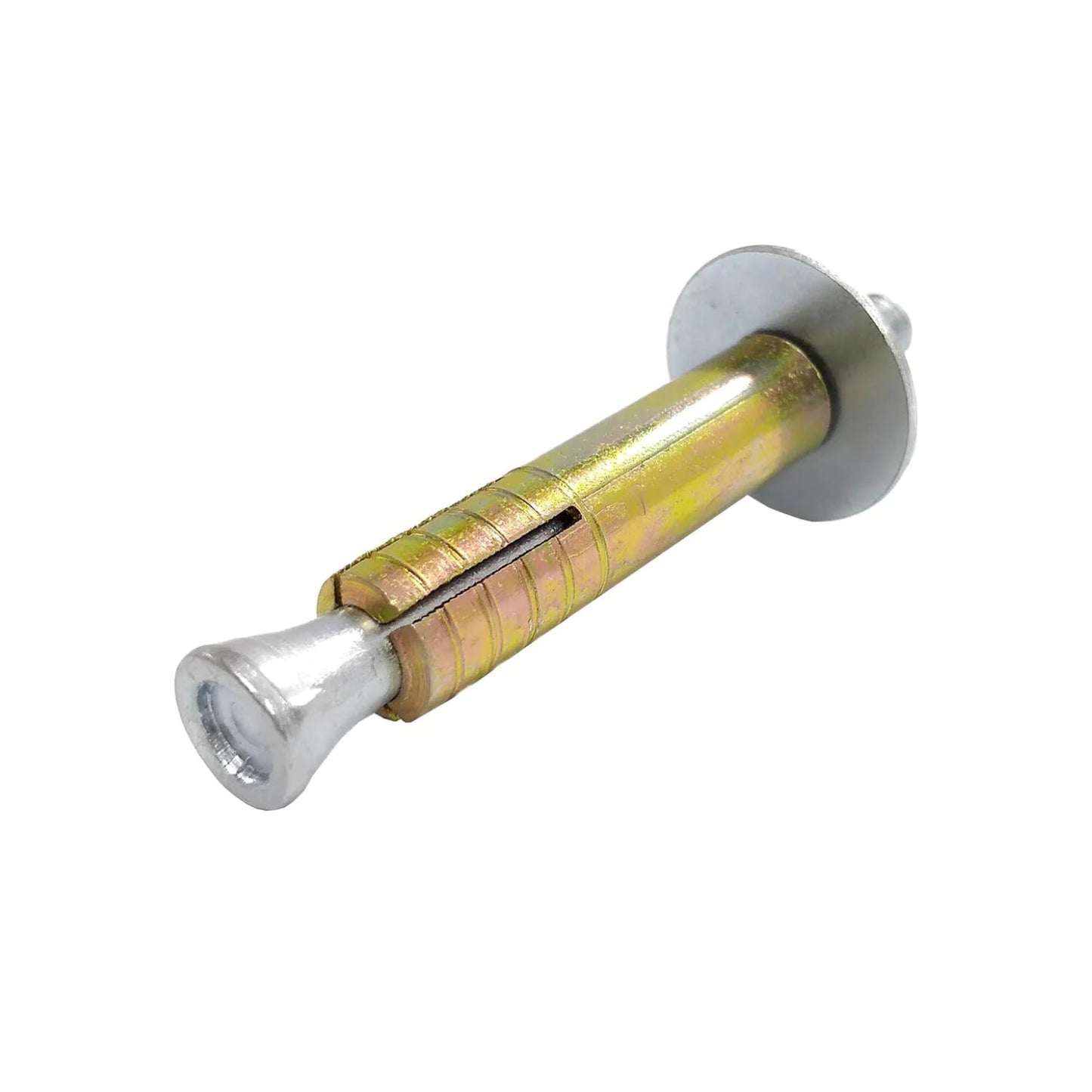 Taquete de expansión metálico con tornillo 1/4" x 2 1/2", acabado galvanizado amarillo, para fijación resistente.