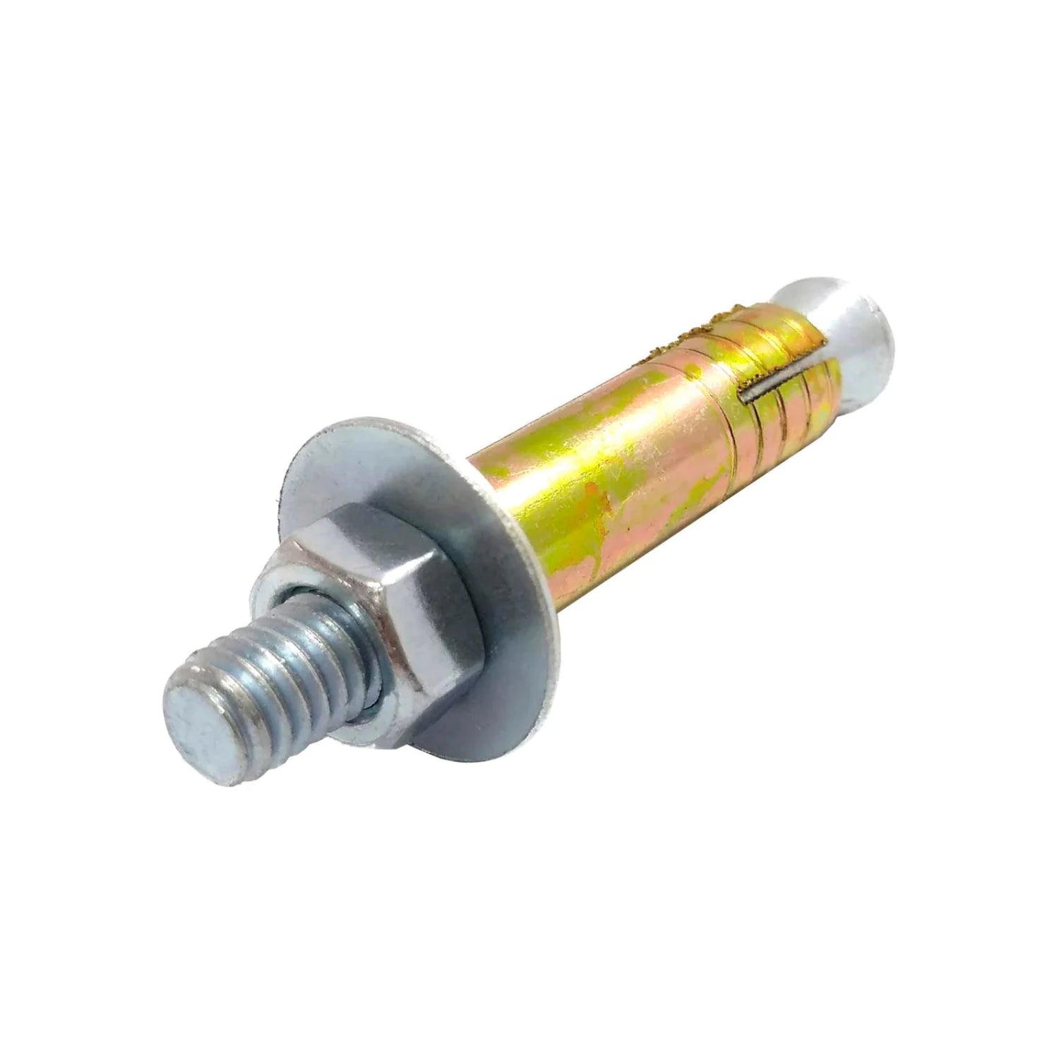 Taquete de expansión metálico con tornillo roscado, tuerca y arandela, acabado bicromatado para fijación en concreto