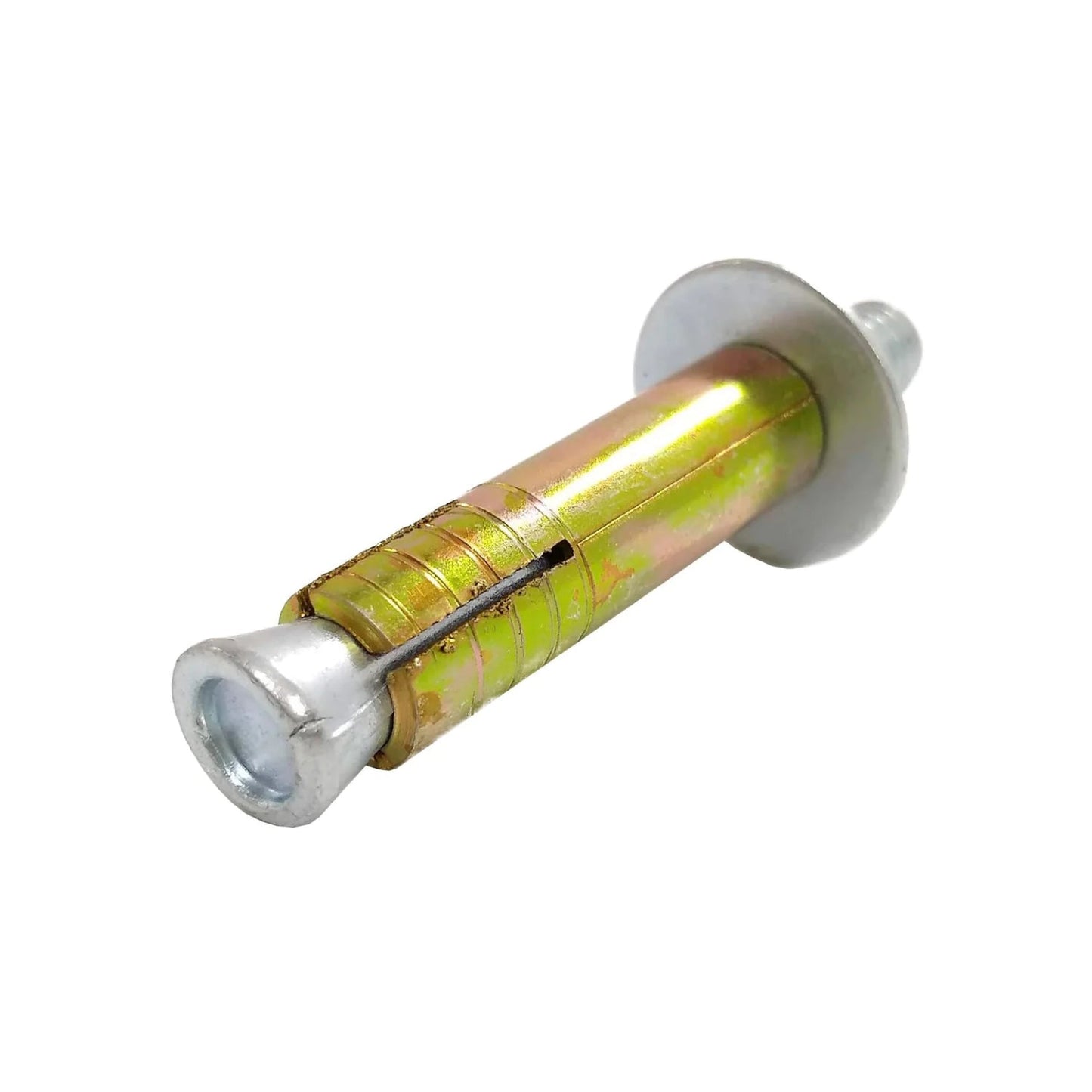 Taquete de expansión de acero zincado con tornillo, acabado dorado para fijación resistente en concreto y muro