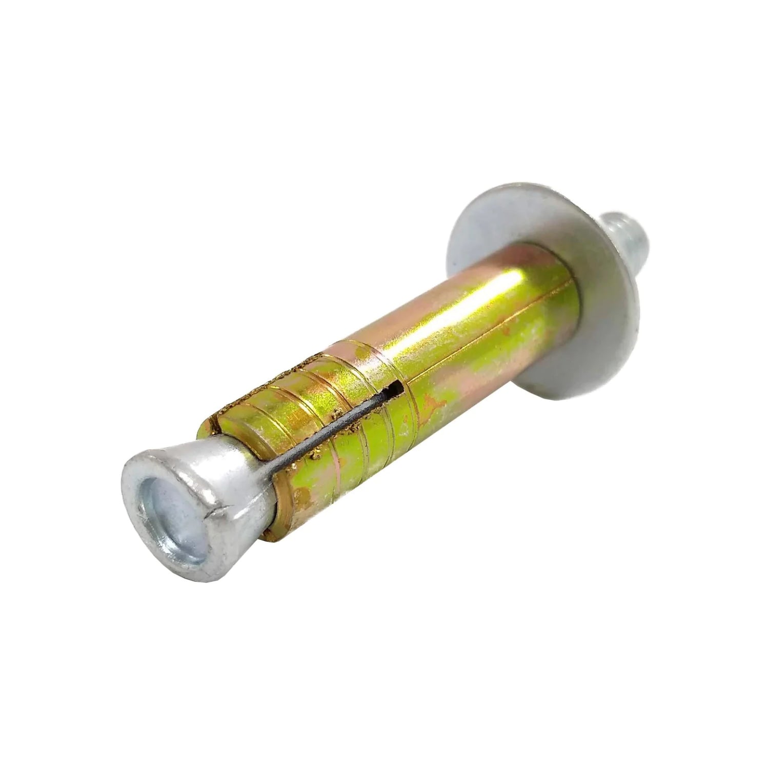 Taquete de expansión de acero zincado con tornillo, acabado dorado para fijación resistente en concreto y muro