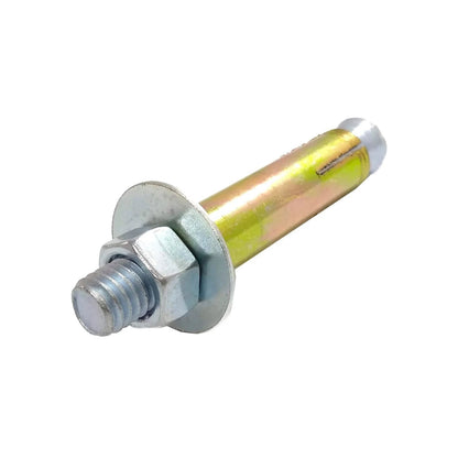 Taquete de expansión metálico zincado con tornillo, tuerca hexagonal y arandela para fijación en concreto