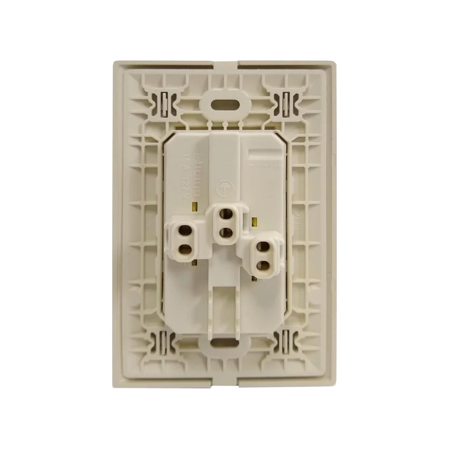 Bticino Modus contacto dúplex marfil 15A 127V vista posterior para cableado eléctrico.