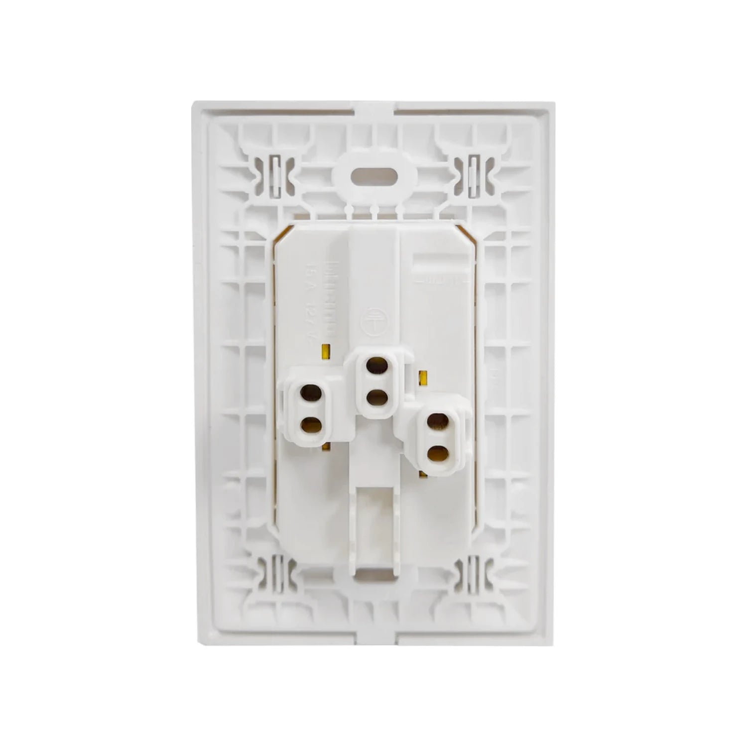 Contacto dúplex eléctrico blanco 15A 127V, vista trasera con terminales de cableado.