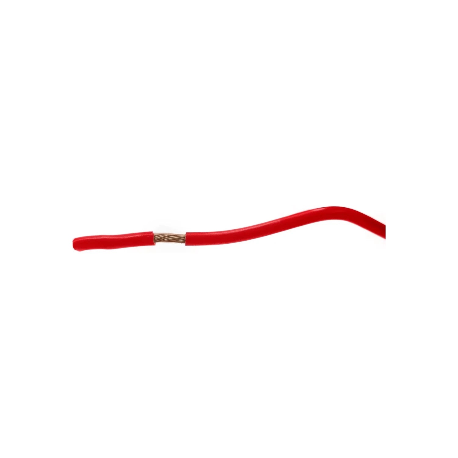 Cable eléctrico de cobre trenzado rojo con aislamiento y extremo pelado para conexiones.