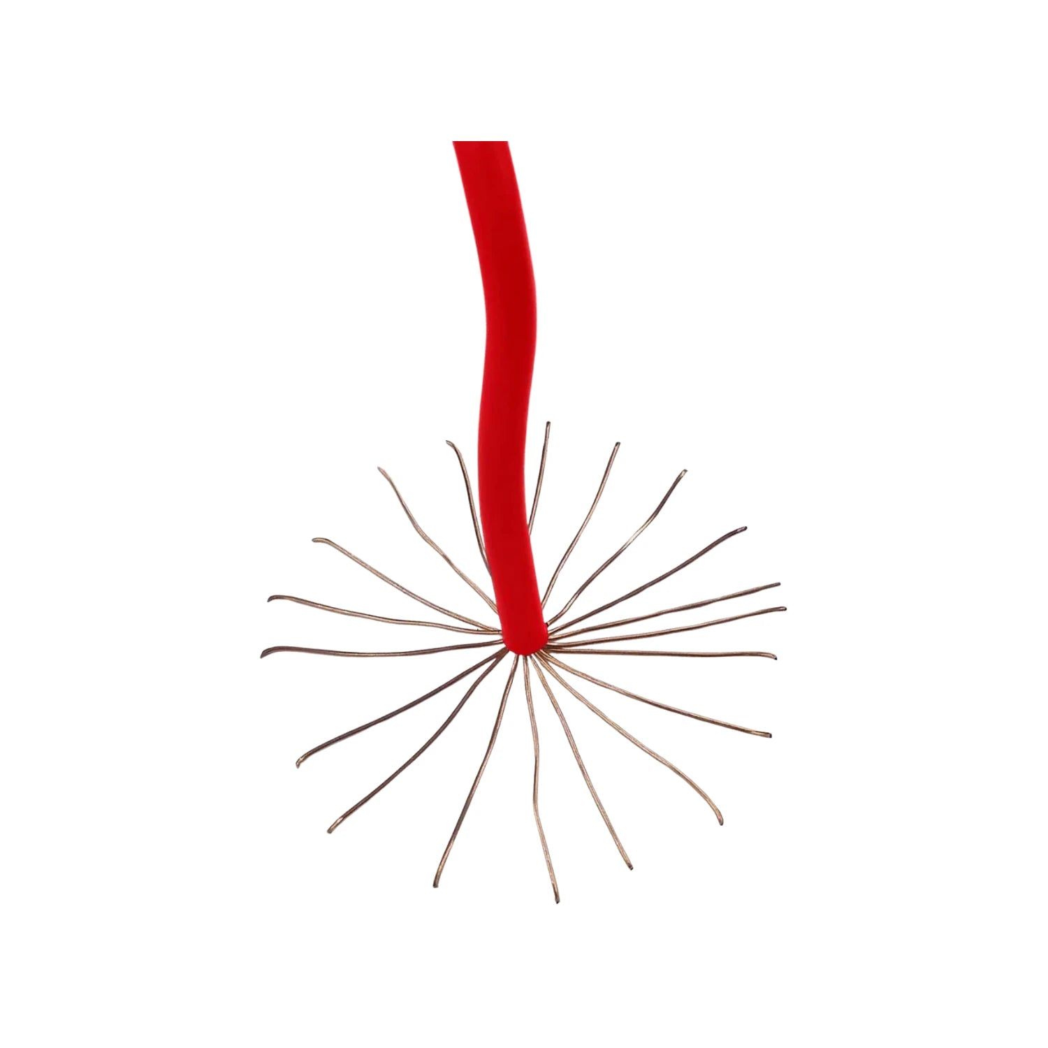 Cable eléctrico rojo calibre 10 con aislamiento pelado mostrando hilos de cobre trenzados