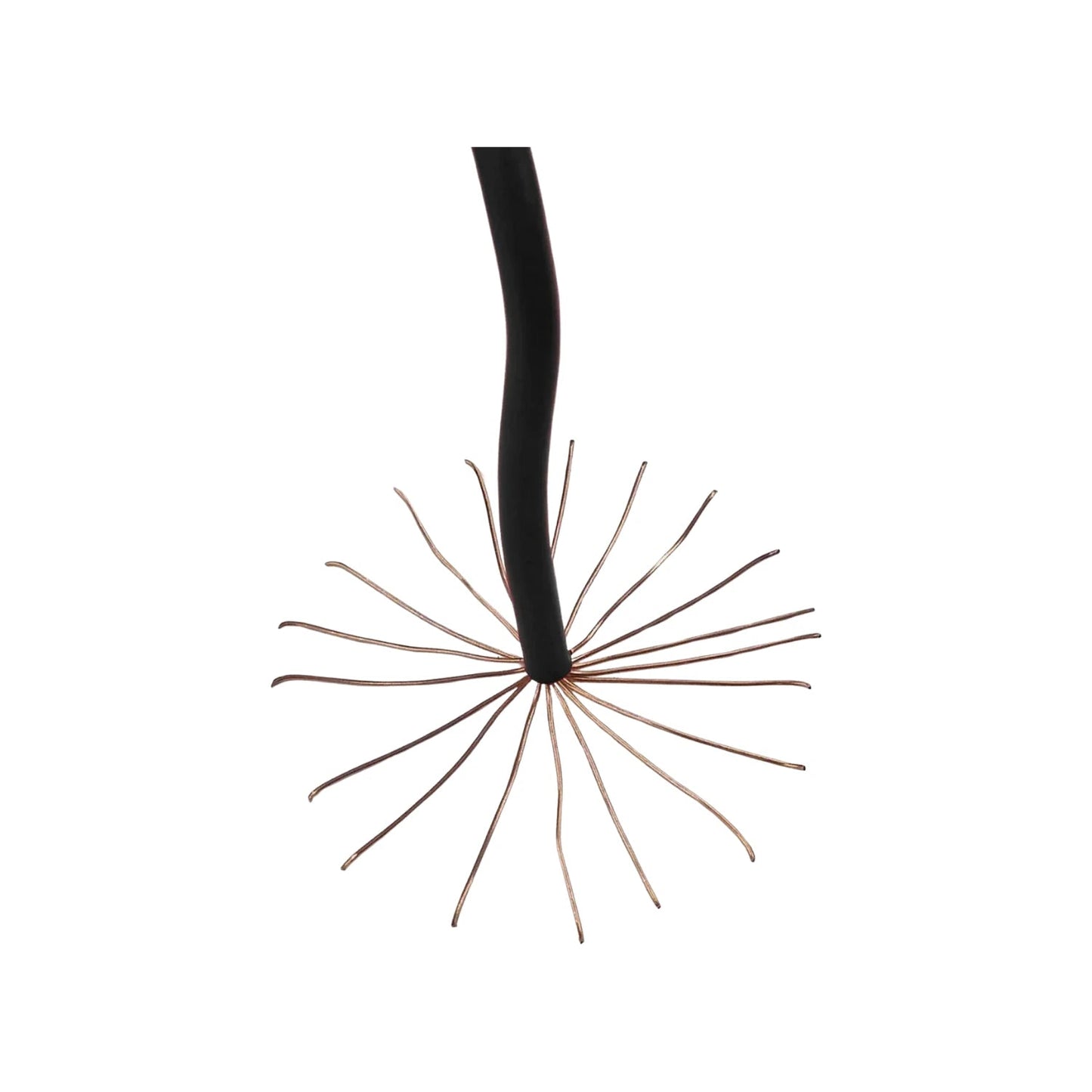 Cable eléctrico de cobre trenzado negro con aislamiento pelado, mostrando hebras de cobre expuestas en abanico