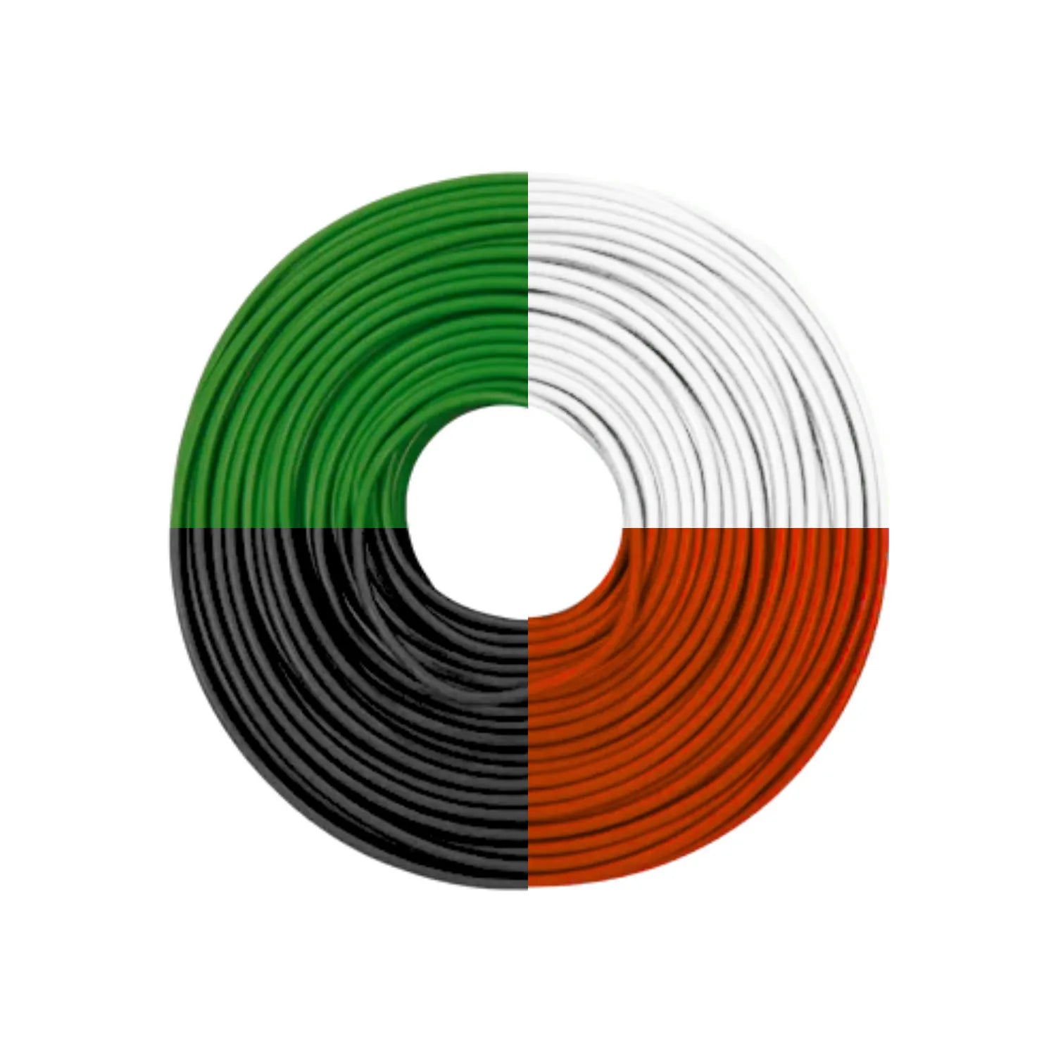 Rollo de cable eléctrico de colores verde blanco negro y rojo para instalaciones y reparaciones eléctricas