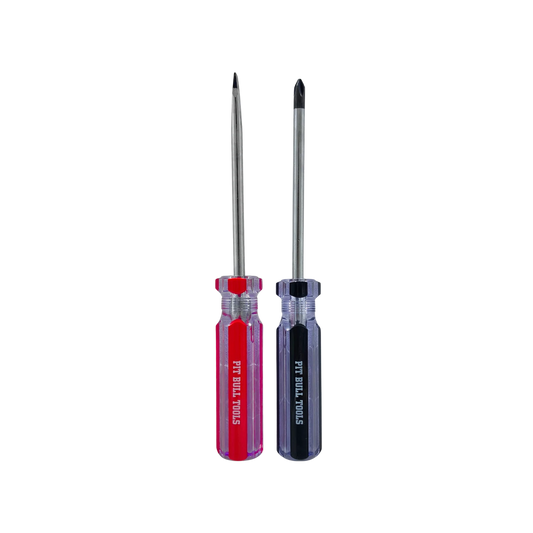 Juego de 2 desarmadores Pit Bull Tools: destornillador plano mango rojo y destornillador Phillips mango negro.