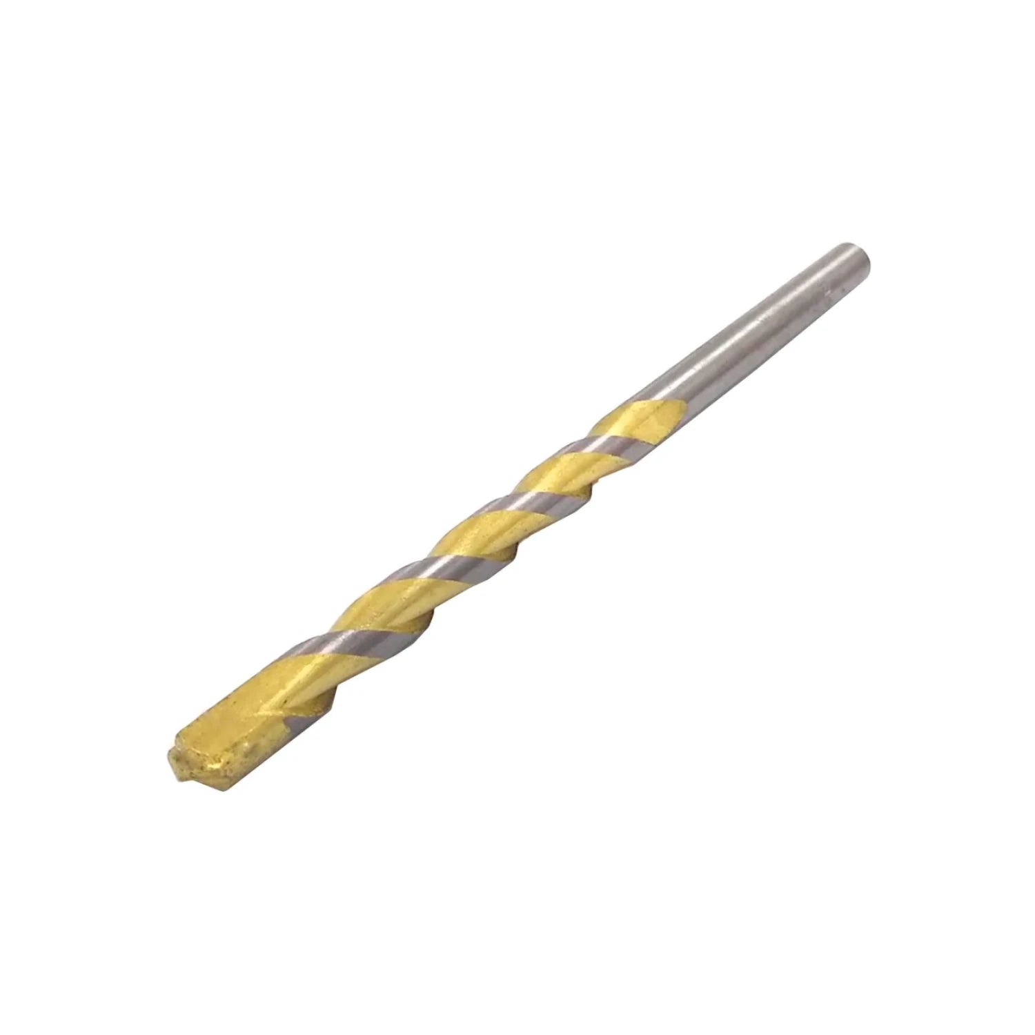 Broca para concreto y mampostería, recubrimiento dorado en punta y flautas, cuerpo plateado. Perforaciones resistentes.