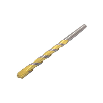 Broca para concreto y mampostería, recubrimiento dorado en punta y flautas, cuerpo plateado. Perforaciones resistentes.