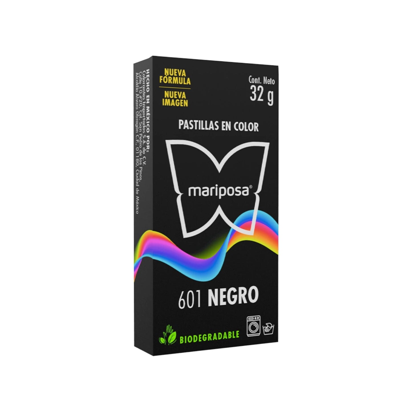 Colorante Mariposa 601 negro, pastillas para tela, nueva fórmula biodegradable, 32g neto