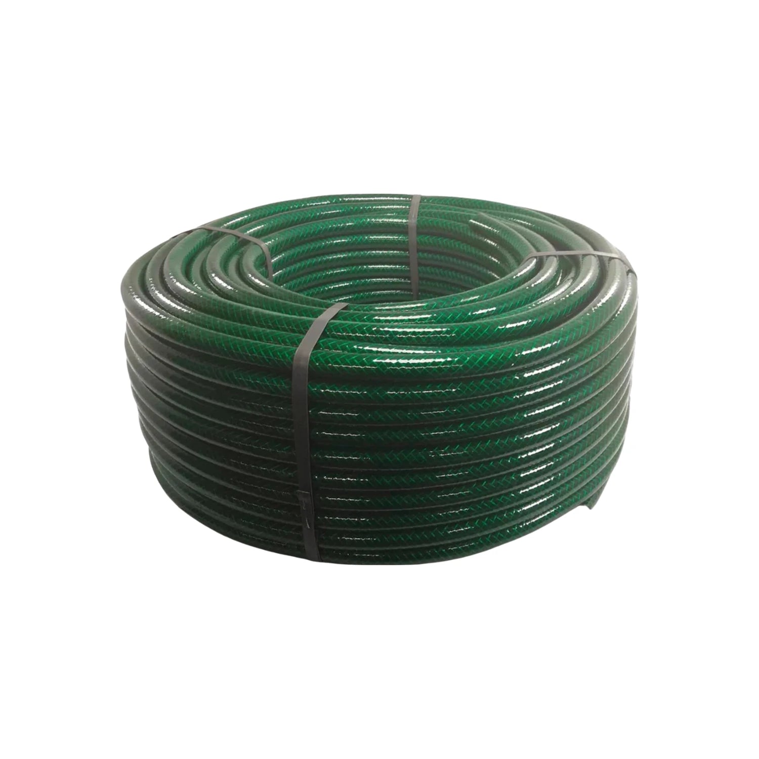 Manguera verde tramada de 3/4, enrollada para riego de jardín