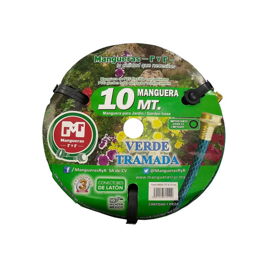 Manguera RyR tramada verde 1/2" x 10m con conectores de latón, ideal para riego y jardín resistente.