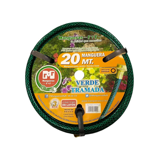 Manguera RyR Fabiola verde tramada 1/2" x 20m, PVC flexible, conectores de latón para jardín