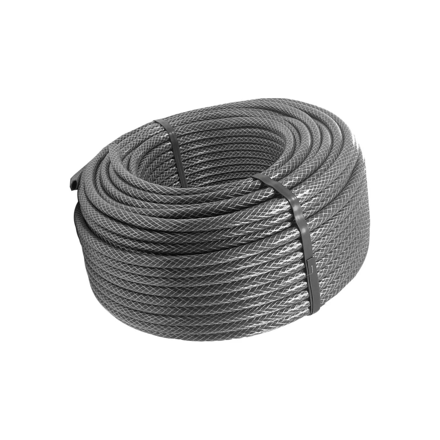 Manguera tramada gris oscuro enrollada y atada para riego de jardín.