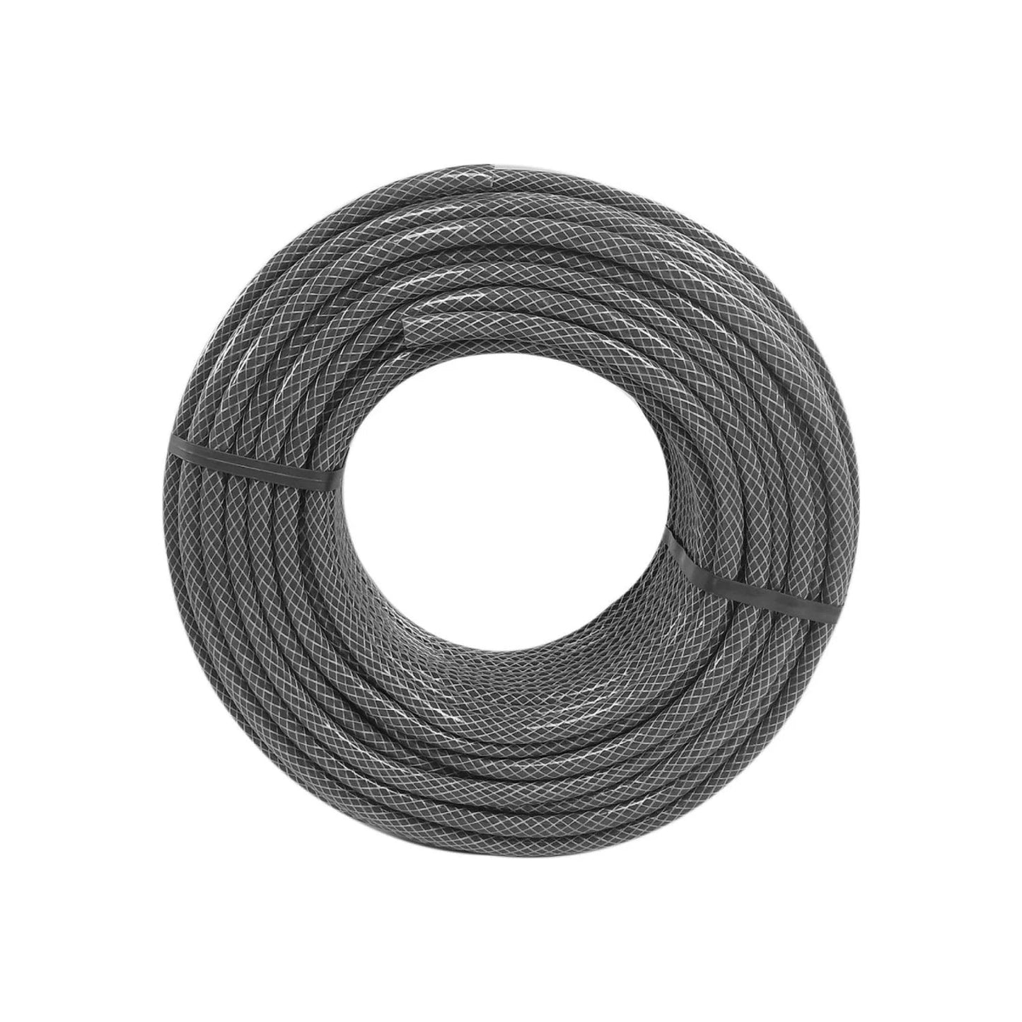 Manguera tramada reforzada gris oscura en rollo con patrón de rejilla, para riego y uso en exteriores.