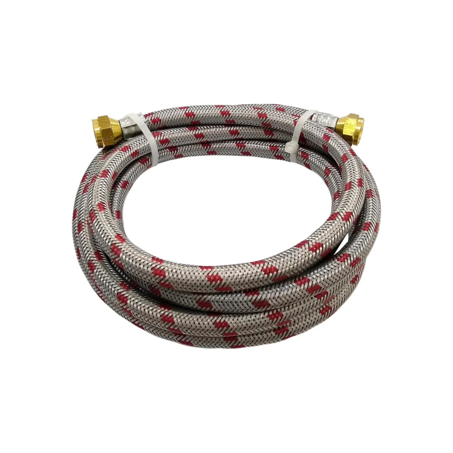 Manguera de gas flexible, metálica trenzada en plata y rojo, con conectores de latón para estufas y calentadores.