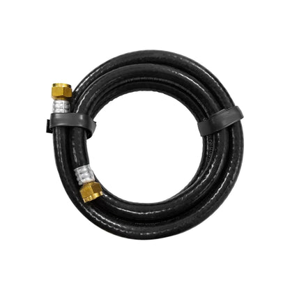 Manguera para gas LP negra con conectores de latón, enrollada y capacidad de 300 PSI