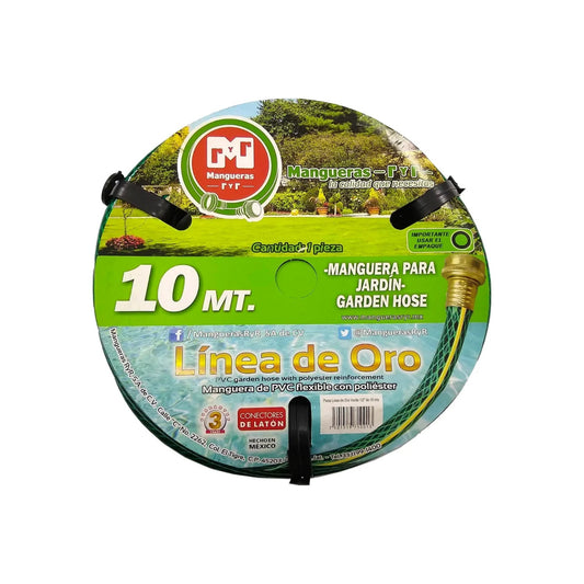 Manguera de jardín RYR Línea de Oro 10m, PVC reforzado verde/amarillo con conectores de latón
