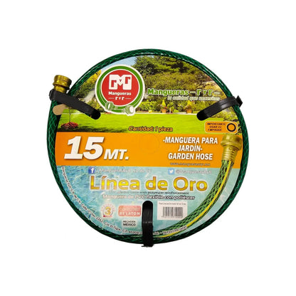 Manguera de jardín RyR Línea de Oro 1/2"x15m, PVC flexible verde con refuerzo y conectores de latón