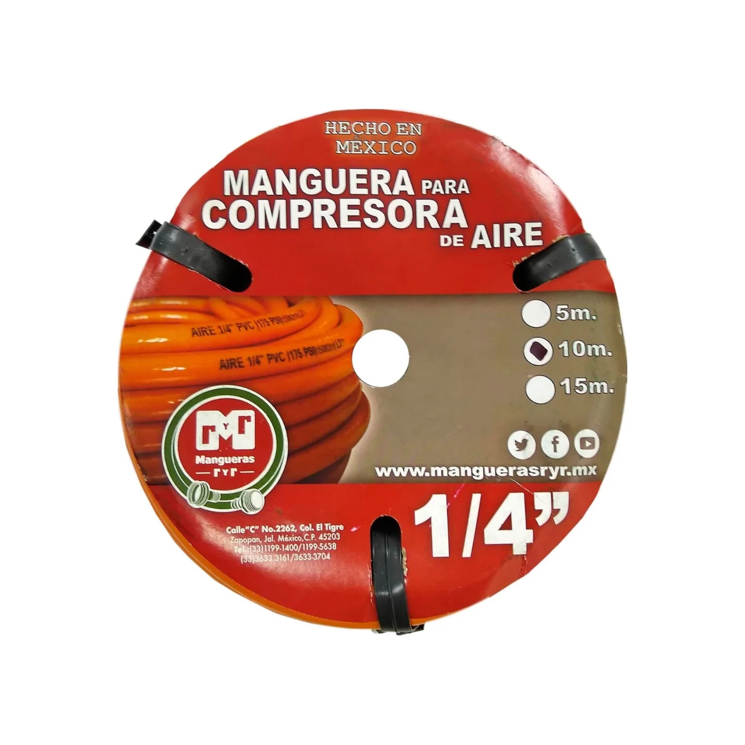 Manguera neumática naranja PVC RYR para compresora de aire 1/4" x 10m, 175 PSI