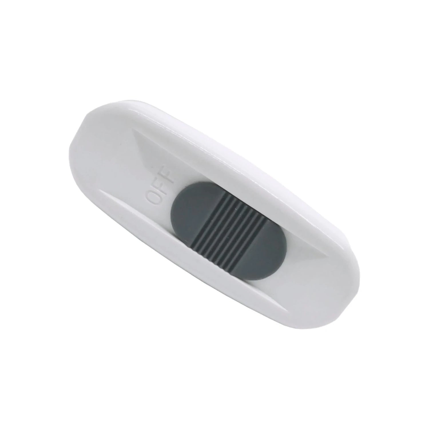 Apagador de paso blanco para cable, con tecla deslizante gris y texto OFF visible