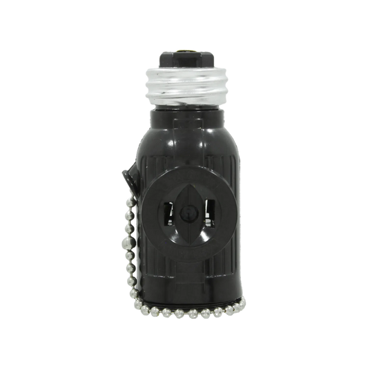 Socket ladrón negro con interruptor de cadena, convierte portalámpara en enchufe de 3 vías.