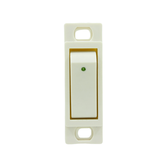 Apagador sencillo blanco tipo palanca con indicador LED verde para instalación eléctrica