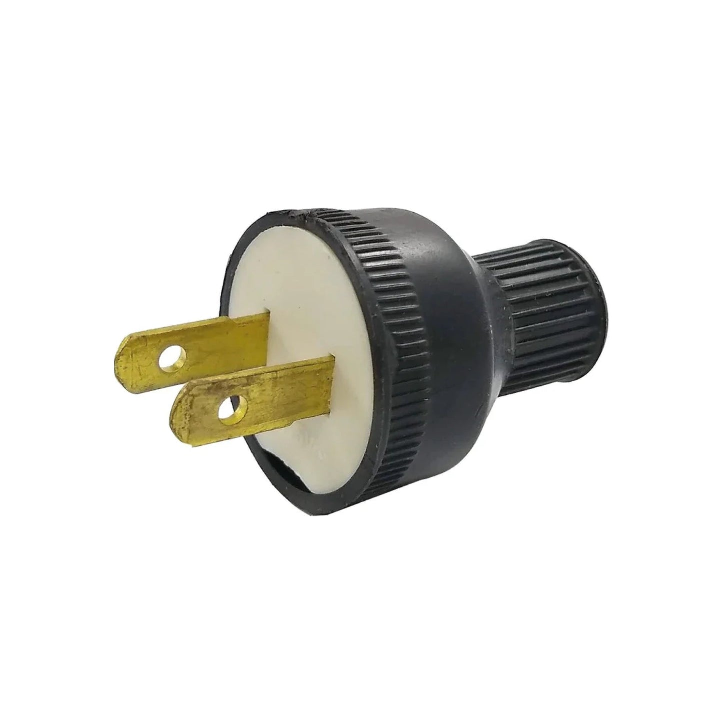 Clavija eléctrica macho negra de 2 puntas planas, con rosca para reparación y reemplazo de cables.