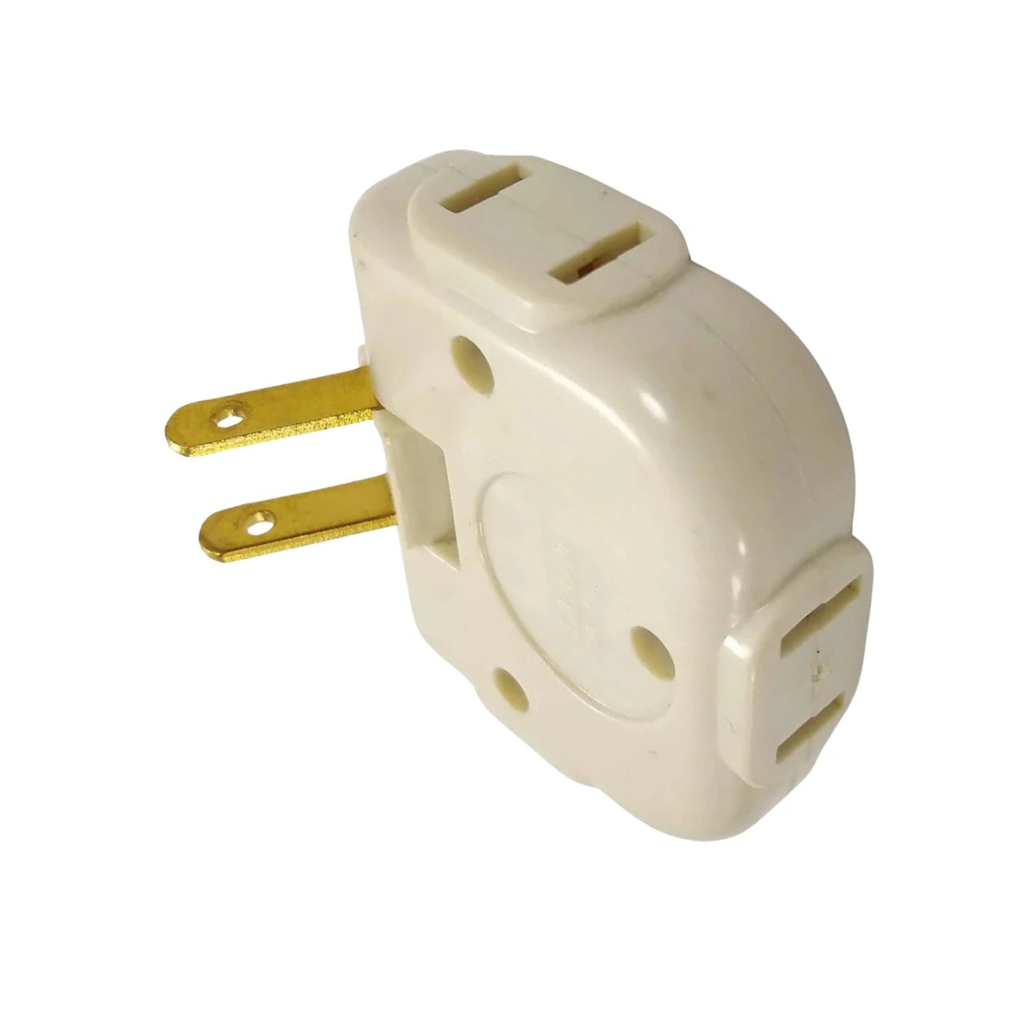 Adaptador de enchufe triple color crema, dos clavijas planas, tres tomas de corriente para ampliar conexiones eléctricas.