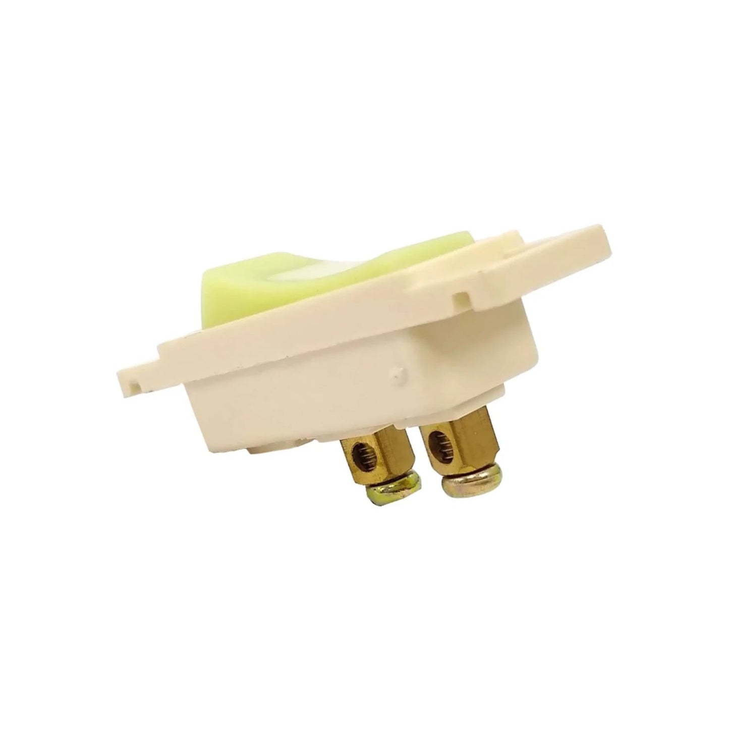 Apagador de luz sencillo tipo rocker verde claro, base crema, con terminales de latón.