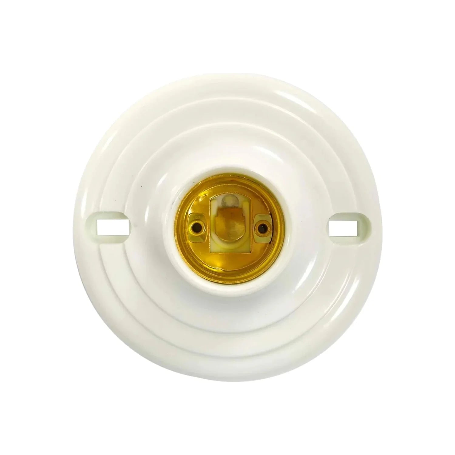 Socket portalámparas cerámico blanco para foco, base E27, contactos dorados y orificios de montaje.