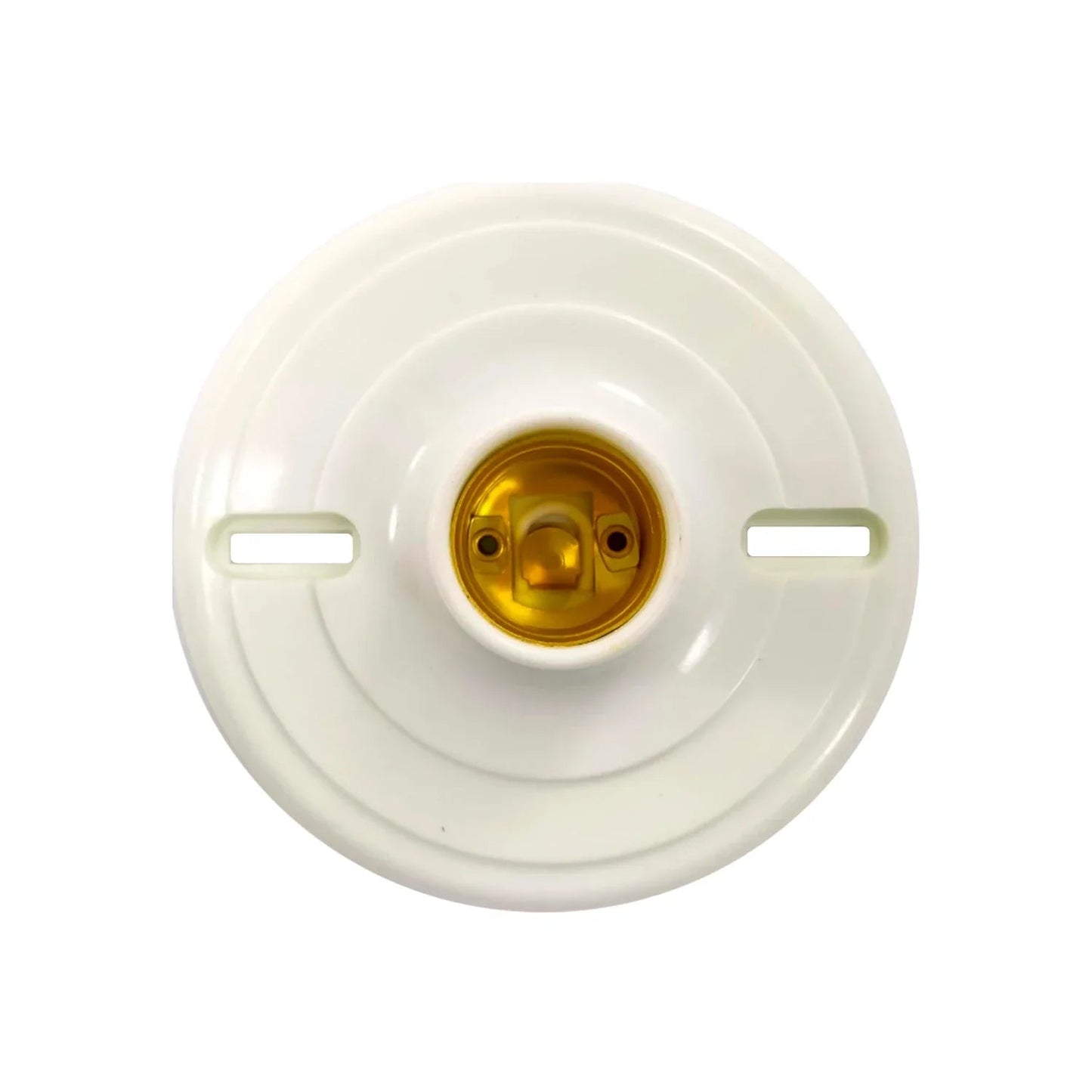 Socket portalámparas redondo blanco de baquelita, base E27 dorada, con ranuras para montaje fácil.