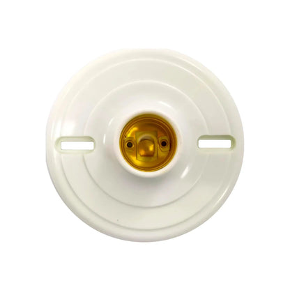 Socket portalámparas redondo blanco de baquelita, base E27 dorada, con ranuras para montaje fácil.