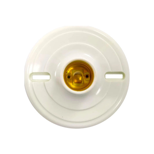 Socket de baquelita redondo blanco para foco, contactos dorados, montaje superficie, marca León.