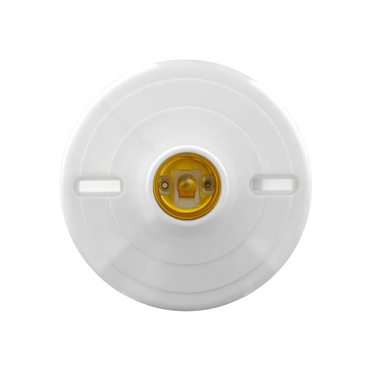 Portalámparas de superficie redondo blanco para ampolleta E27 con base de plástico y montaje sencillo.